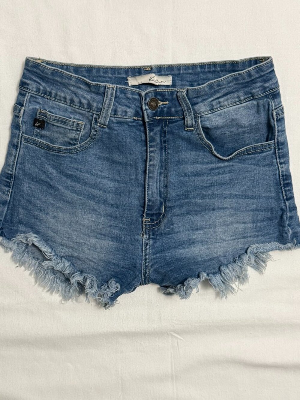 KanCan High Rise Frayed Hem Denim Shorts Medium Wash Stretch Size 9/28